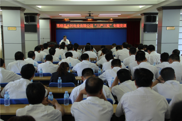 6月5日，蒼梧縣水利電業(yè)有限公司開展 “三嚴(yán)三實(shí)”專題教育黨課暨黨風(fēng)廉政教育培訓(xùn)，黨課邀請蒼梧縣人民檢察副檢察長莫孔文為